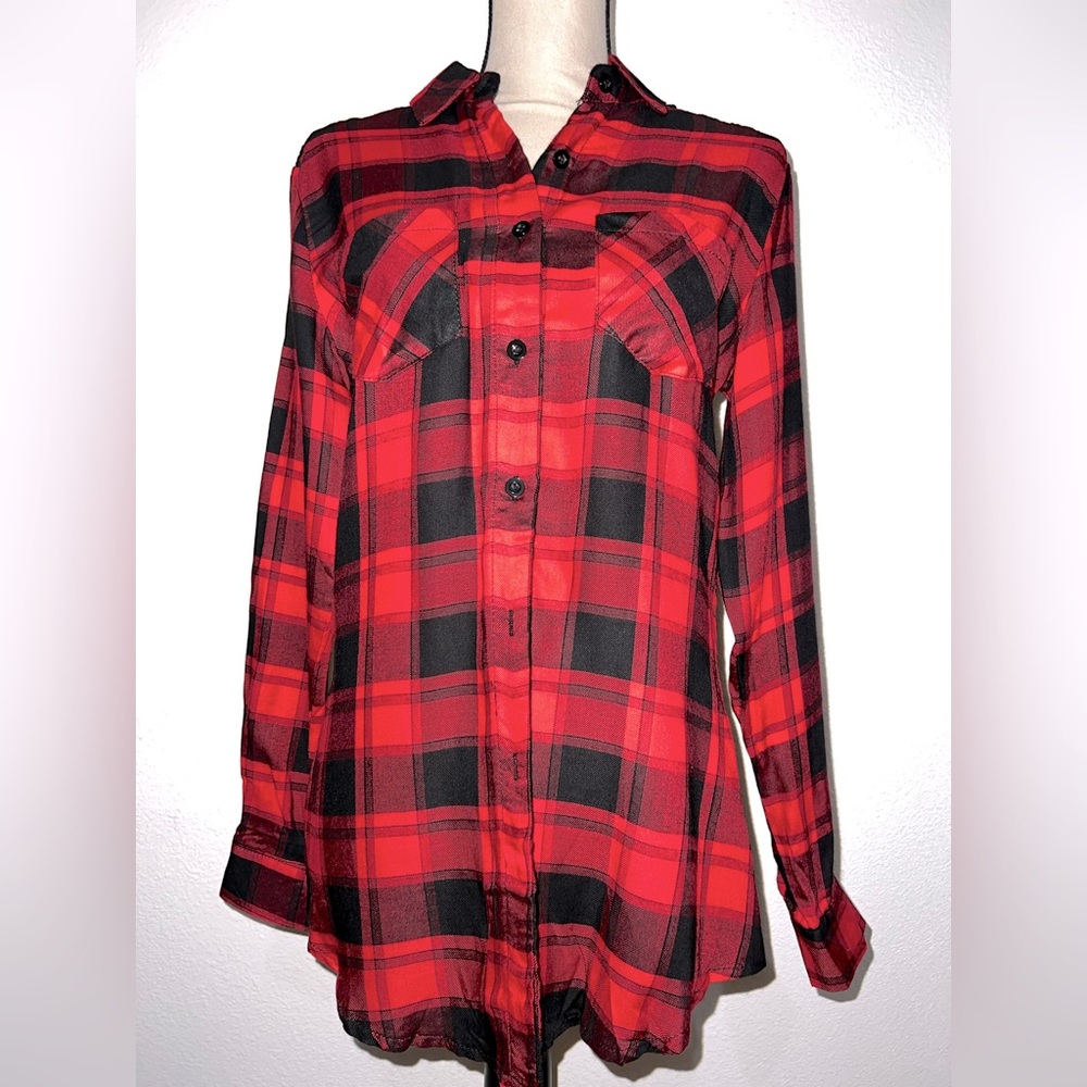 Red and Black Long Plaid Long Sleeve Blouse